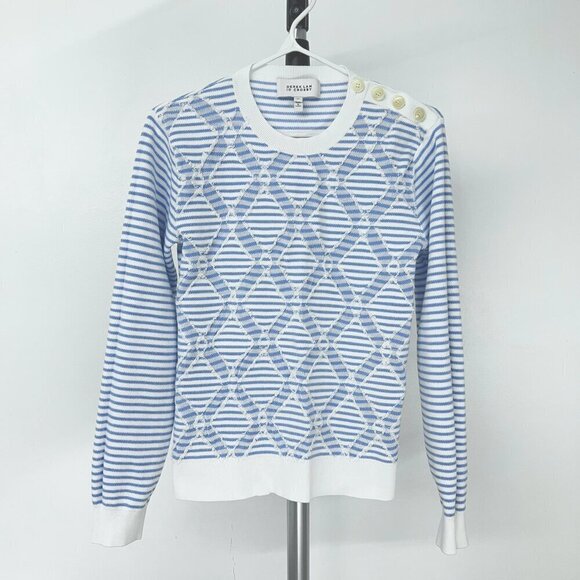 Derek Lam 10 Crosby‎ Blue White Stripe Diagonal Fringe Crewneck Sweater Sz S - Picture 2 of 15